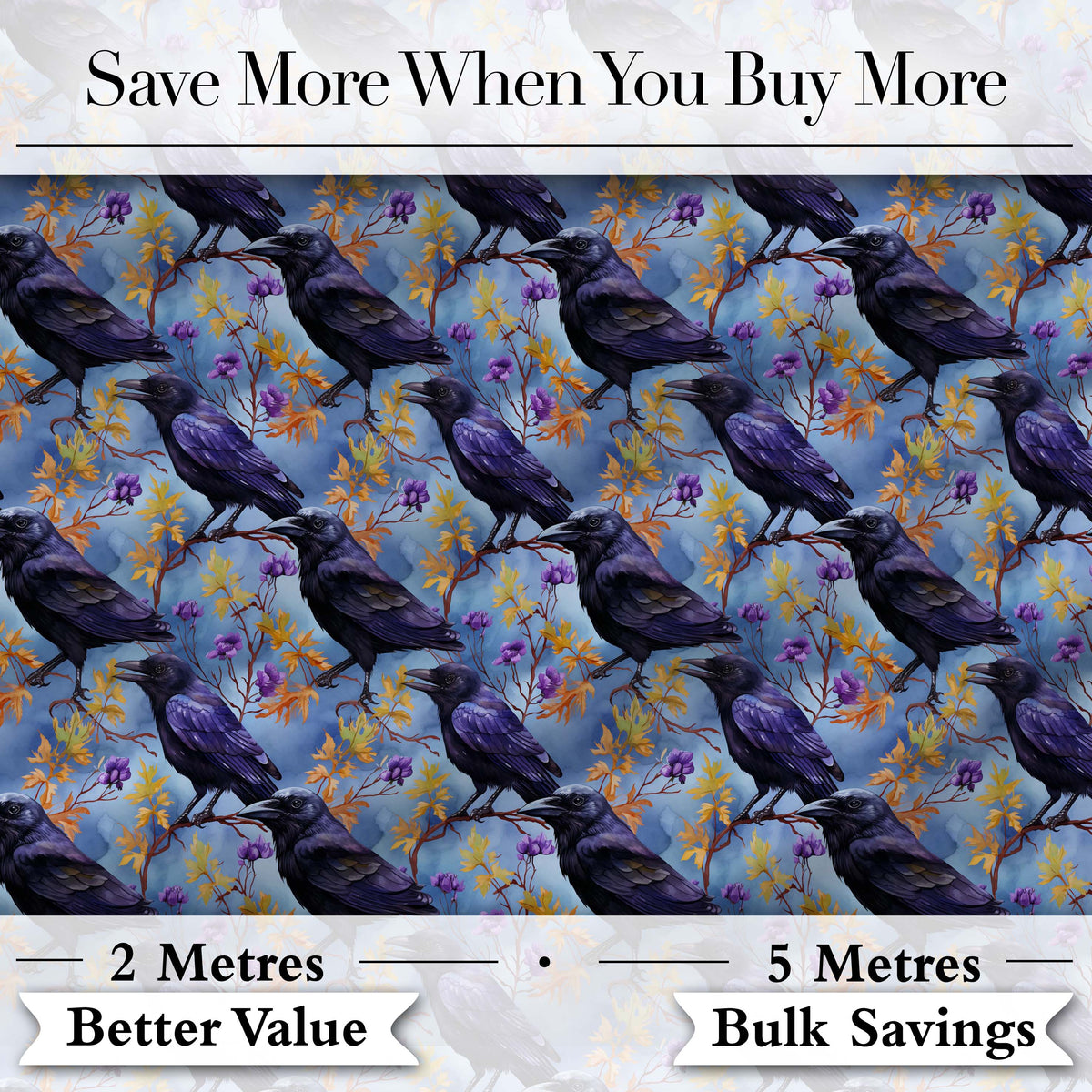 Purple Black Raven Bird with Autumn Leaves Seamless Pattern Digital Print Fabric by the Metre UK Sewing Quilting Textile