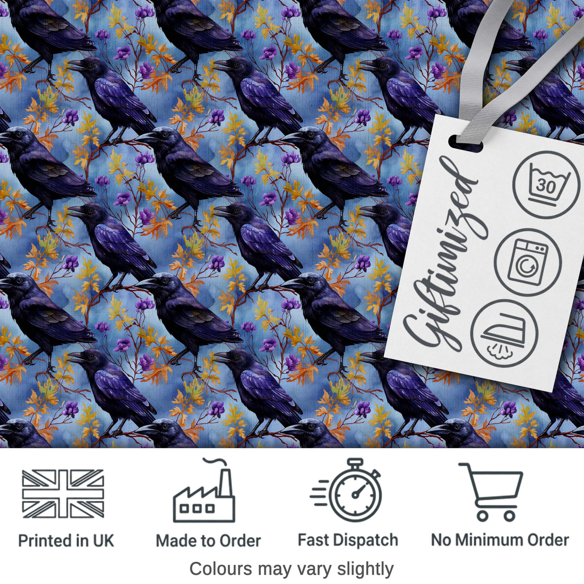 Purple Black Raven Bird with Autumn Leaves Seamless Pattern Digital Print Fabric by the Metre UK Sewing Quilting Textile
