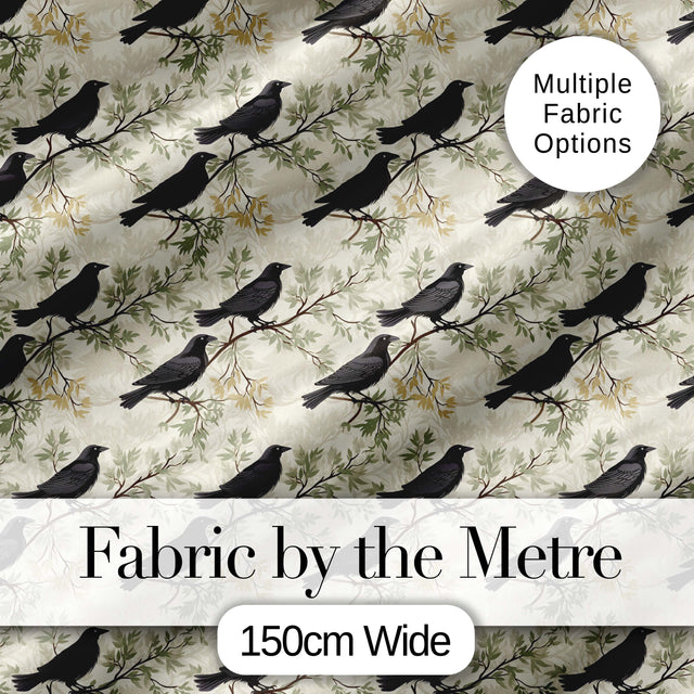 Black Crow Birds on Branch Minimal Seamless Pattern Digital Print Fabric by the Metre UK Sewing Quilting Textile
