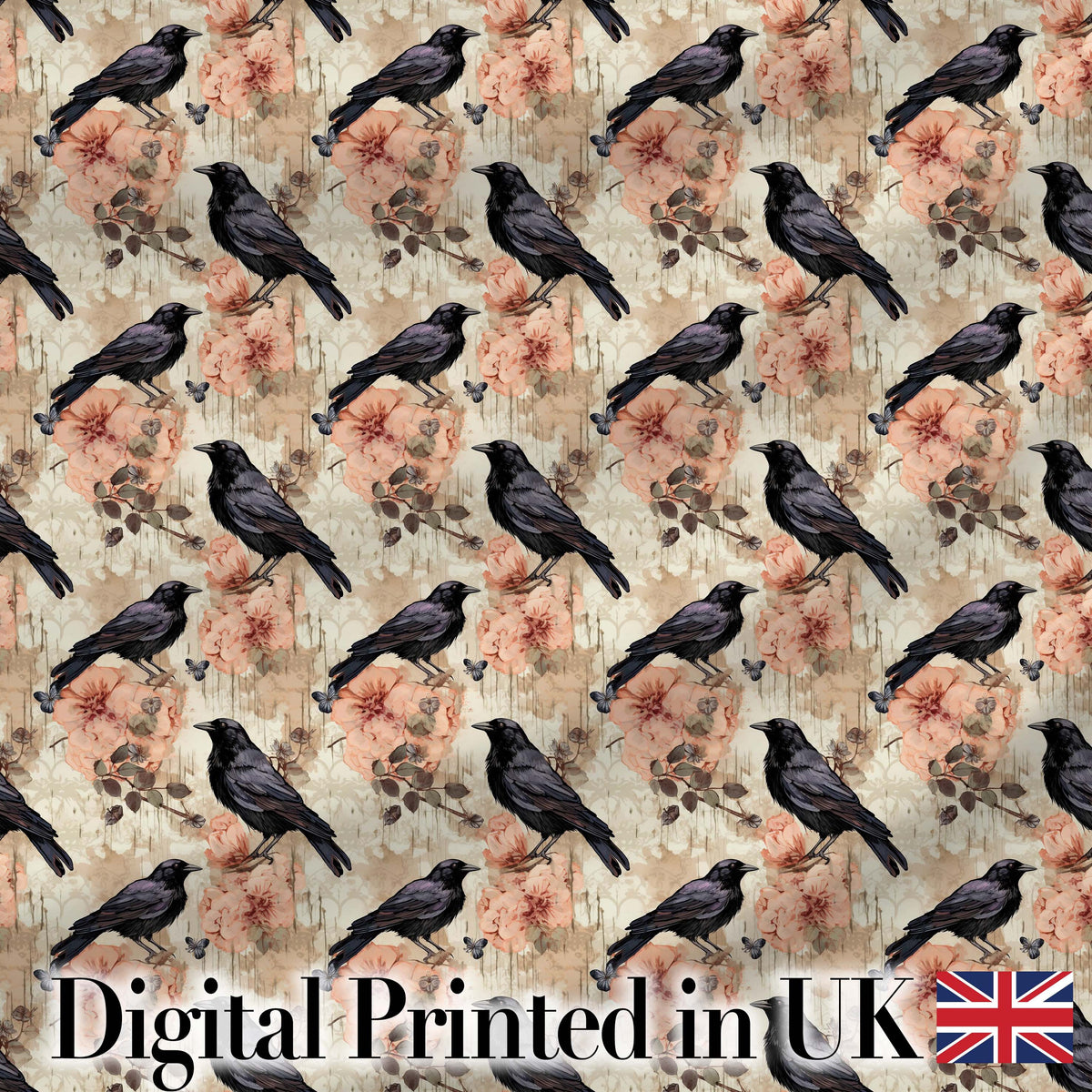 Crow Birds with Grunge Orange Background Seamless Pattern Digital Print Fabric by the Metre UK Sewing Quilting Textile