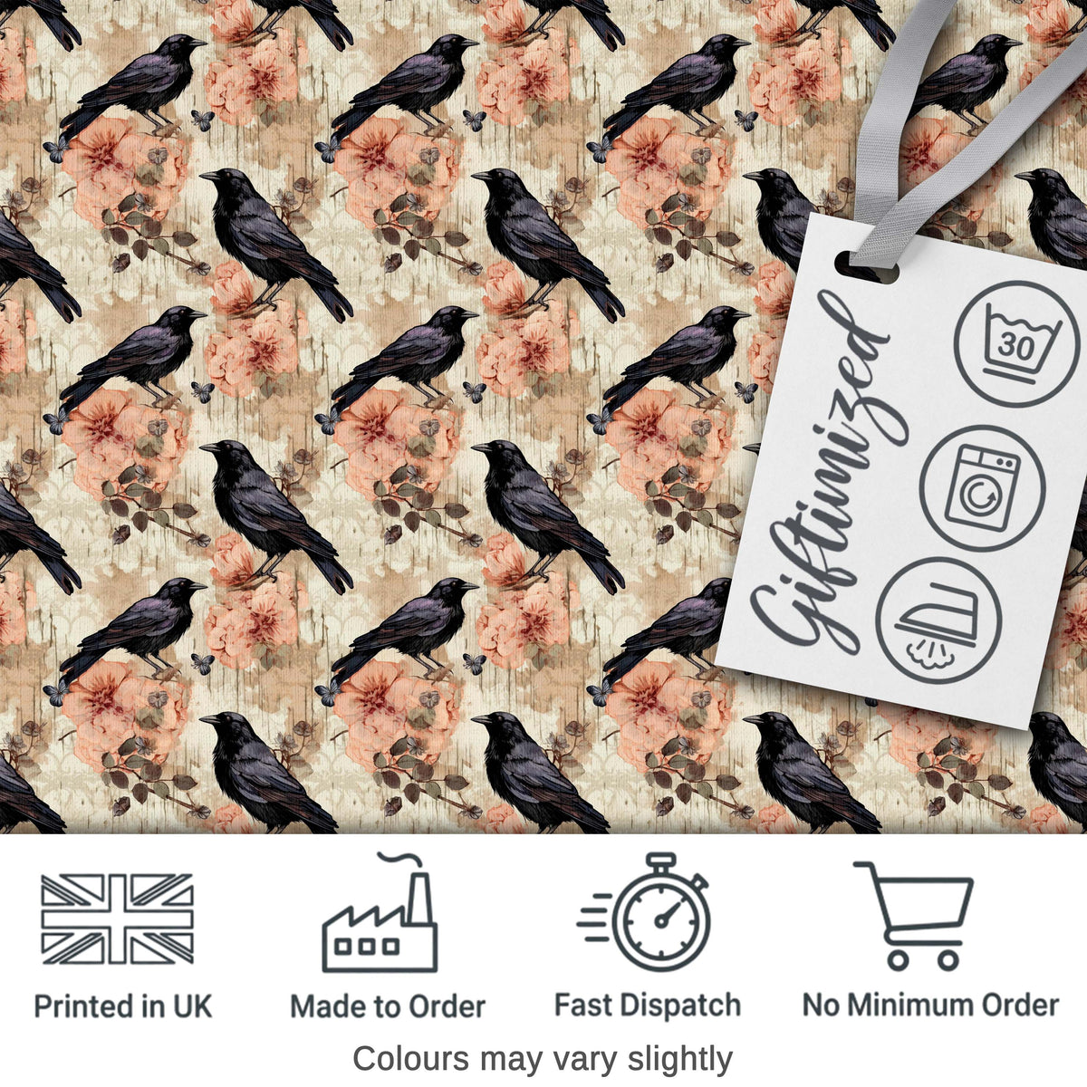 Crow Birds with Grunge Orange Background Seamless Pattern Digital Print Fabric by the Metre UK Sewing Quilting Textile