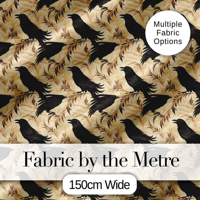 Gothic Raven Seamless Pattern on Beige Vintage Floral Background Digital Print Fabric by the Metre UK Sewing Quilting Textile