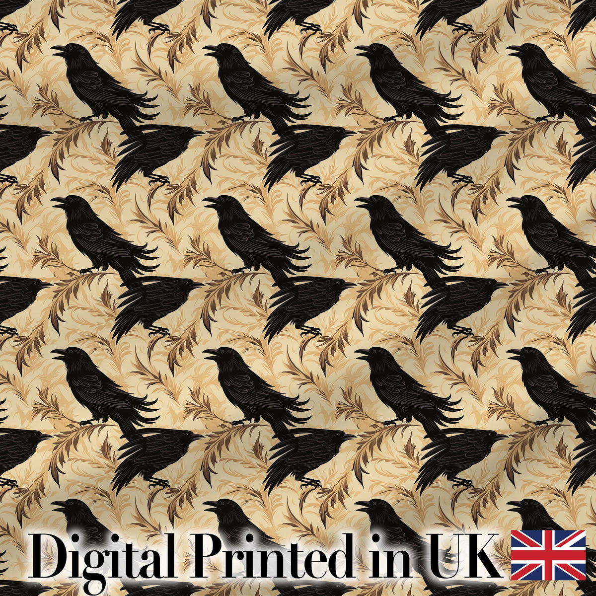 Gothic Raven Seamless Pattern on Beige Vintage Floral Background Digital Print Fabric by the Metre UK Sewing Quilting Textile