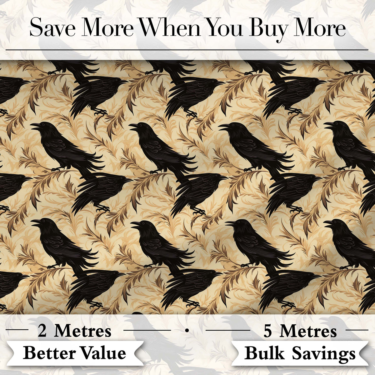 Gothic Raven Seamless Pattern on Beige Vintage Floral Background Digital Print Fabric by the Metre UK Sewing Quilting Textile
