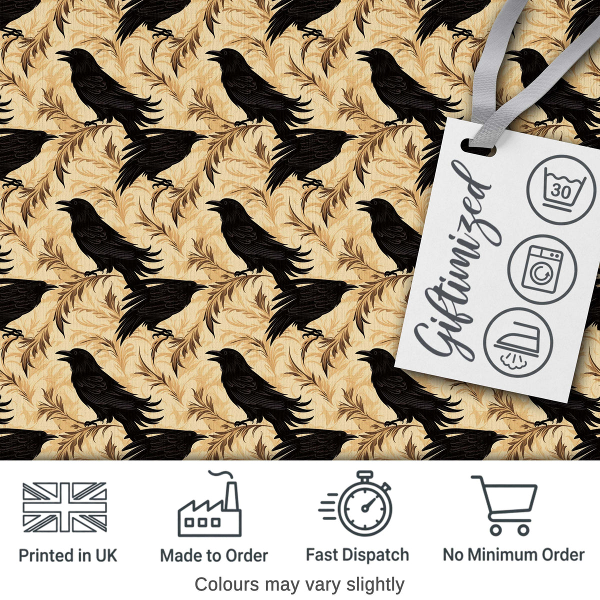 Gothic Raven Seamless Pattern on Beige Vintage Floral Background Digital Print Fabric by the Metre UK Sewing Quilting Textile