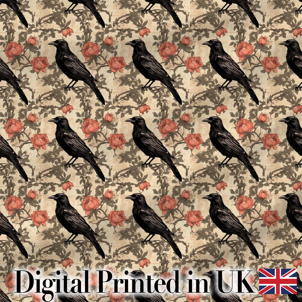 Black Crow and Rose Vintage Botanical Seamless Pattern Digital Print Fabric by the Metre UK Sewing Quilting Textile