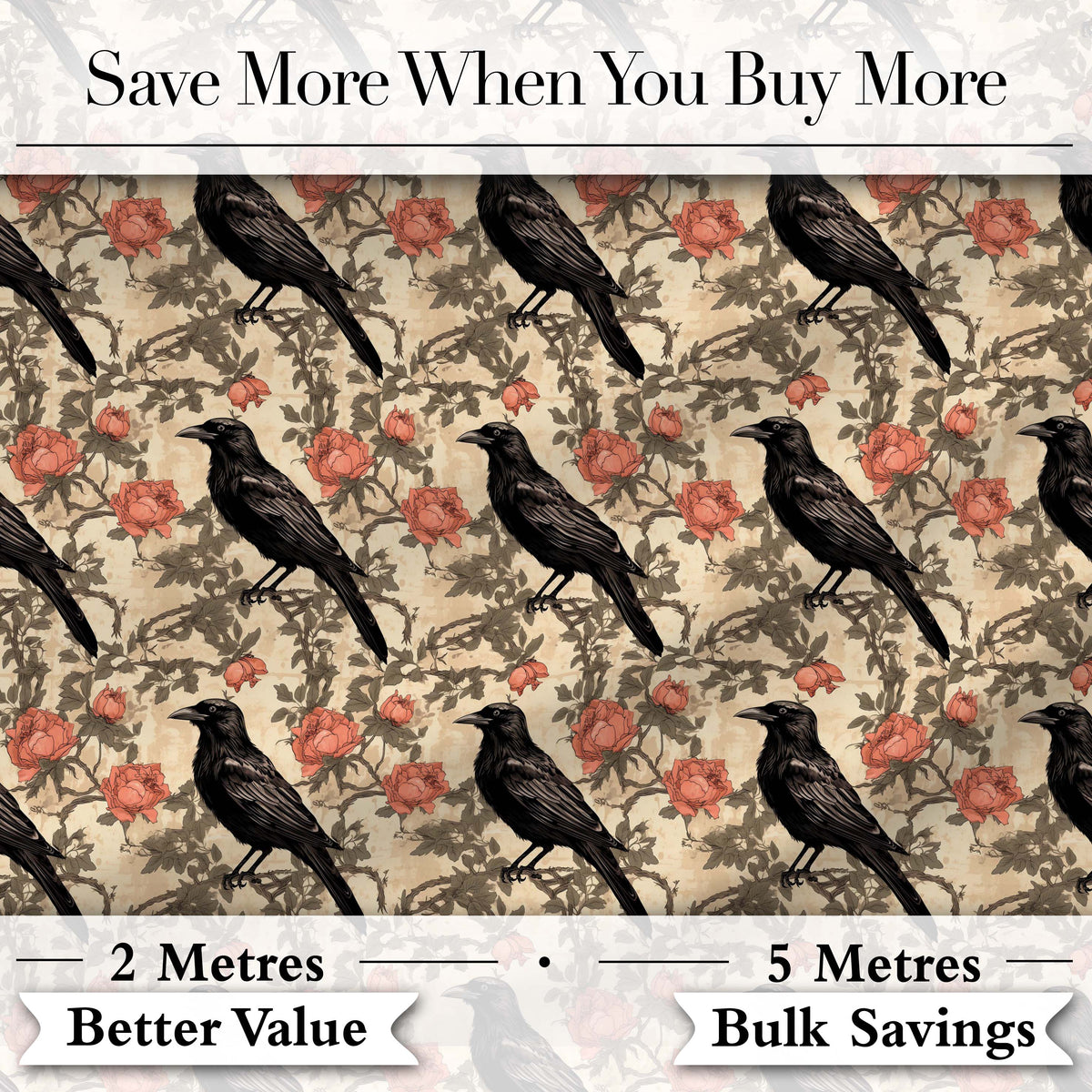 Black Crow and Rose Vintage Botanical Seamless Pattern Digital Print Fabric by the Metre UK Sewing Quilting Textile