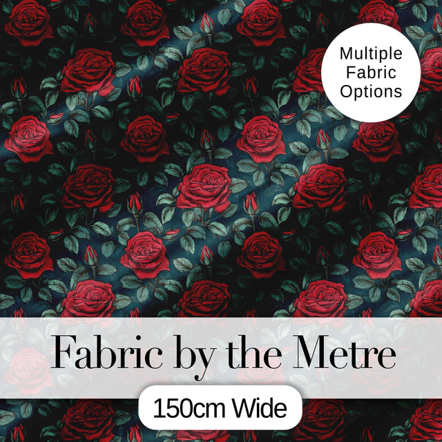 Elegant Red Rose Seamless Floral Pattern on Dark Teal Background Digital Print Fabric by the Metre UK Sewing Quilting Textile