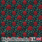 Elegant Red Rose Seamless Floral Pattern on Dark Teal Background Digital Print Fabric by the Metre UK Sewing Quilting Textile