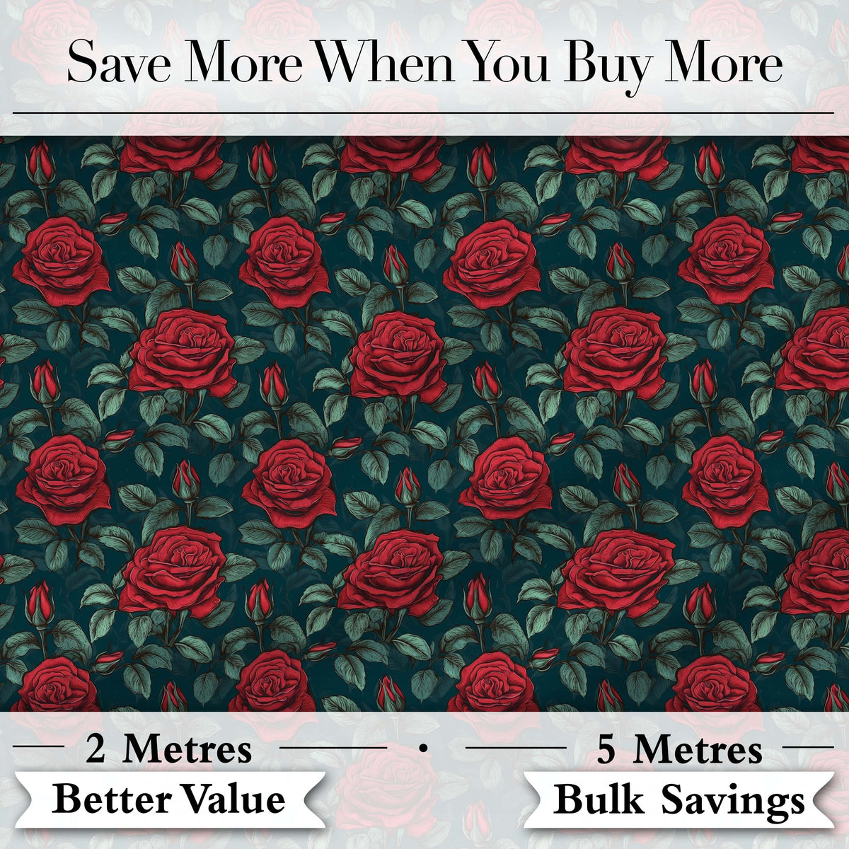 Elegant Red Rose Seamless Floral Pattern on Dark Teal Background Digital Print Fabric by the Metre UK Sewing Quilting Textile