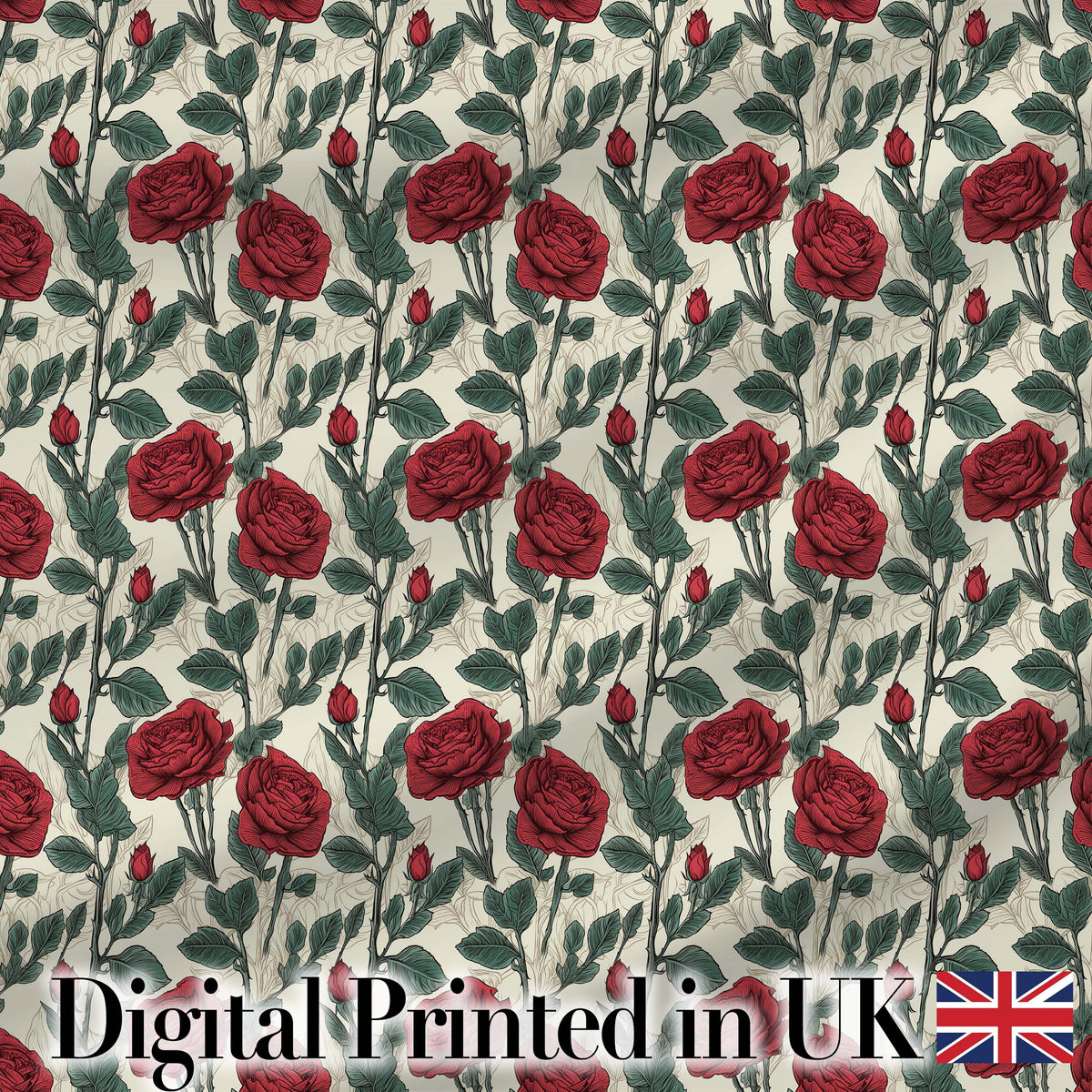 Natural Red Rose and Green Leaf Seamless Botanical Pattern Digital Print Fabric by the Metre UK Sewing Quilting Textile
