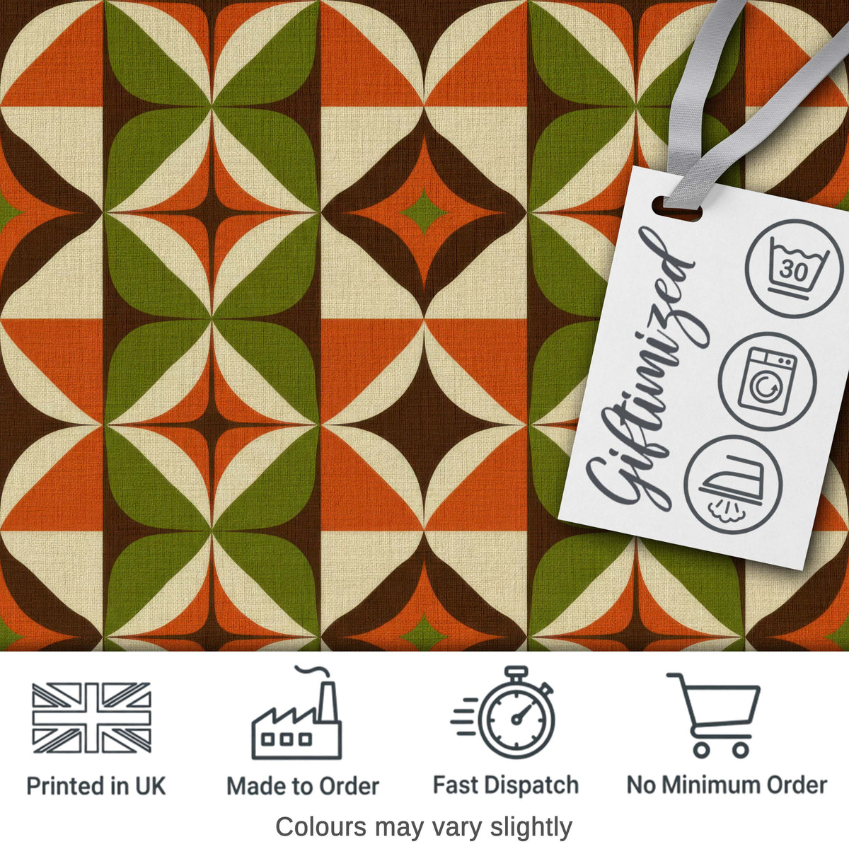 Mid Century Orange Green Star Tile Geometric Seamless Pattern Digital Print Fabric by the Metre UK Sewing Quilting Textile