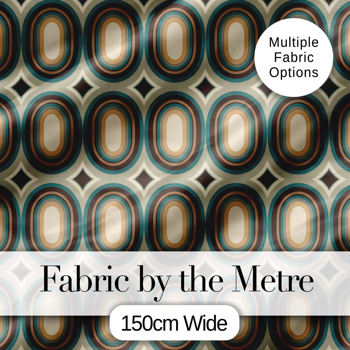 Oval Teal Beige Geometric Repeat Seamless Pattern Digital Print Fabric by the Metre UK Sewing Quilting Textile