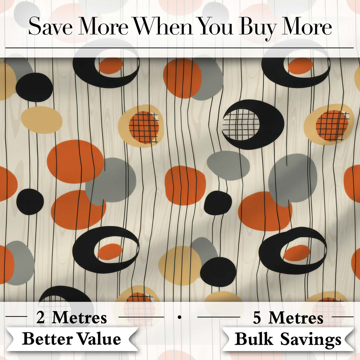 Abstract Black Orange Mid Century Atomic Shapes Seamless Pattern Digital Print Fabric by the Metre UK Sewing Quilting Textile