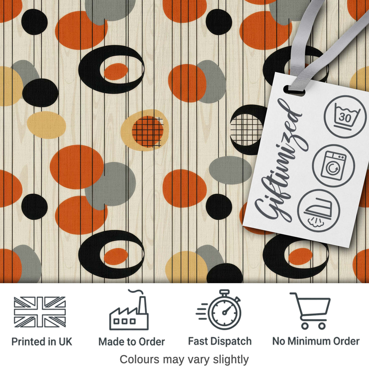 Abstract Black Orange Mid Century Atomic Shapes Seamless Pattern Digital Print Fabric by the Metre UK Sewing Quilting Textile