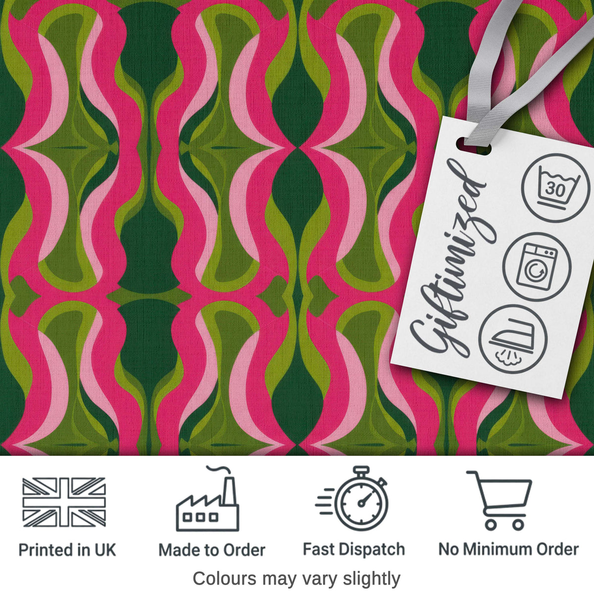 Pink Green Curved Wave Symmetry Seamless Pattern Digital Print Fabric by the Metre UK Sewing Quilting Textile