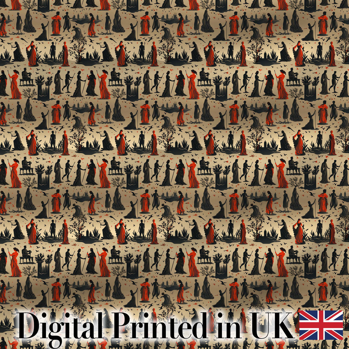 Vintage Greek Mythology Silhouette Figures Seamless Pattern Classical Art Digital Print Fabric by the Metre UK Sewing Quilting Textile