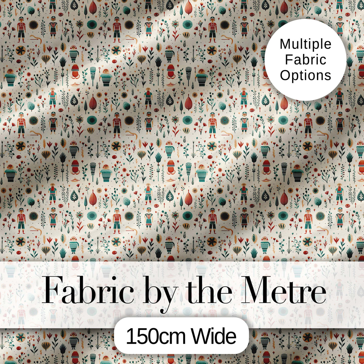 Scandinavian Folk Art Floral and Character Seamless Pattern Nordic Style Digital Print Fabric by the Metre UK Sewing Quilting Textile