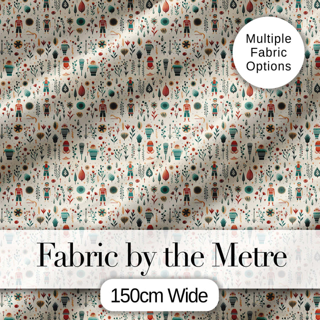 Scandinavian Folk Art Floral and Character Seamless Pattern Nordic Style Digital Print Fabric by the Metre UK Sewing Quilting Textile