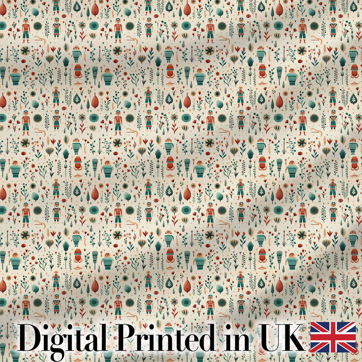 Scandinavian Folk Art Floral and Character Seamless Pattern Nordic Style Digital Print Fabric by the Metre UK Sewing Quilting Textile