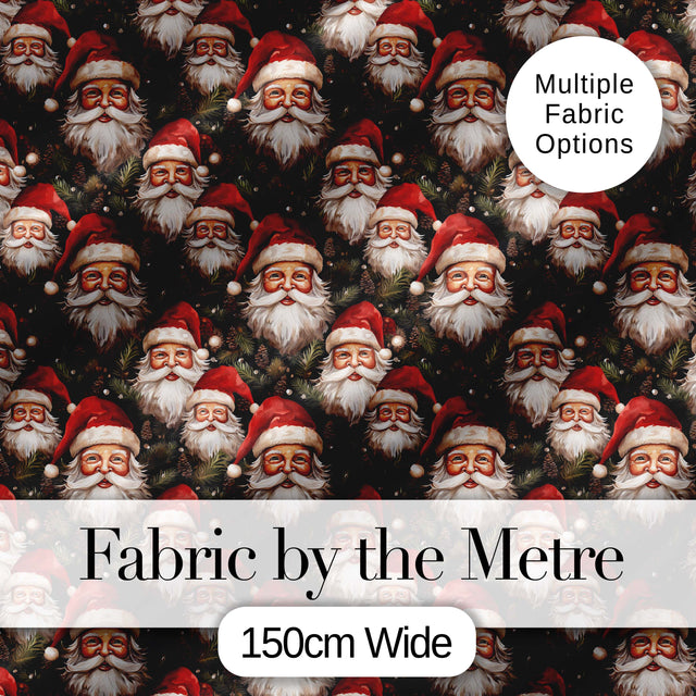 Realistic Santa Faces Pine Cones Evergreen Forest   Rich Festive Detail Digital Print Fabric by the Metre UK Sewing Quilting Textile