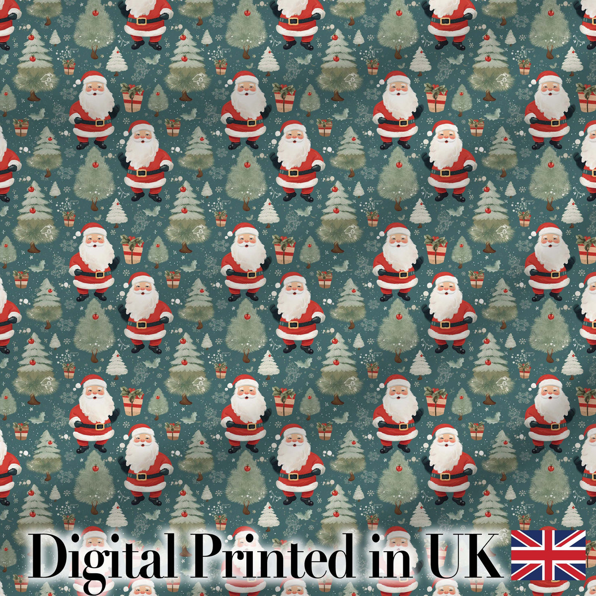 Cute Santa Trees Gifts Snowflakes Teal Christmas   Whimsical Festive Digital Print Fabric by the Metre UK Sewing Quilting Textile
