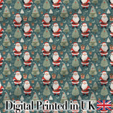 Cute Santa Trees Gifts Snowflakes Teal Christmas   Whimsical Festive Digital Print Fabric by the Metre UK Sewing Quilting Textile