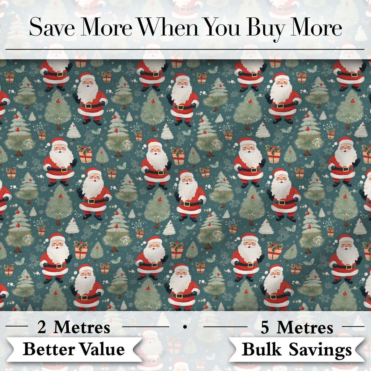Cute Santa Trees Gifts Snowflakes Teal Christmas   Whimsical Festive Digital Print Fabric by the Metre UK Sewing Quilting Textile