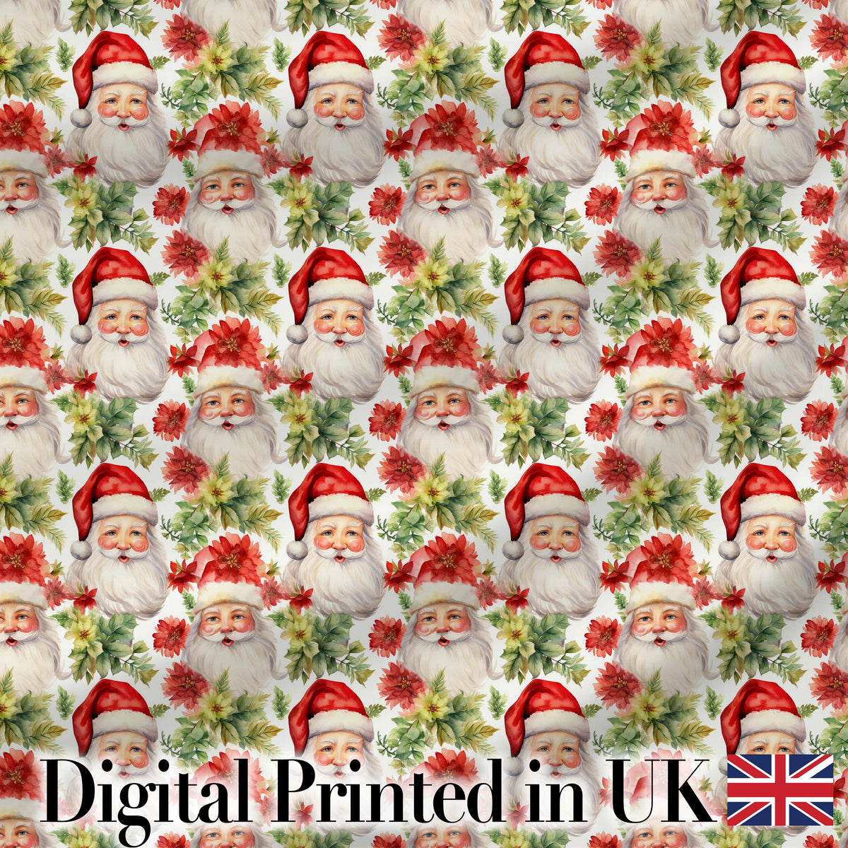 Watercolor Santa Faces Poinsettia Flowers Christmas   Soft Festive Digital Print Fabric by the Metre UK Sewing Quilting Textile