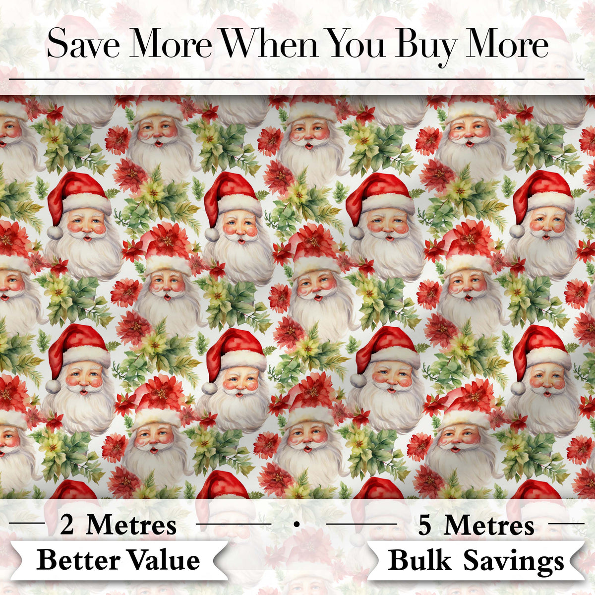 Watercolor Santa Faces Poinsettia Flowers Christmas   Soft Festive Digital Print Fabric by the Metre UK Sewing Quilting Textile