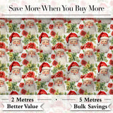 Watercolor Santa Faces Poinsettia Flowers Christmas   Soft Festive Digital Print Fabric by the Metre UK Sewing Quilting Textile