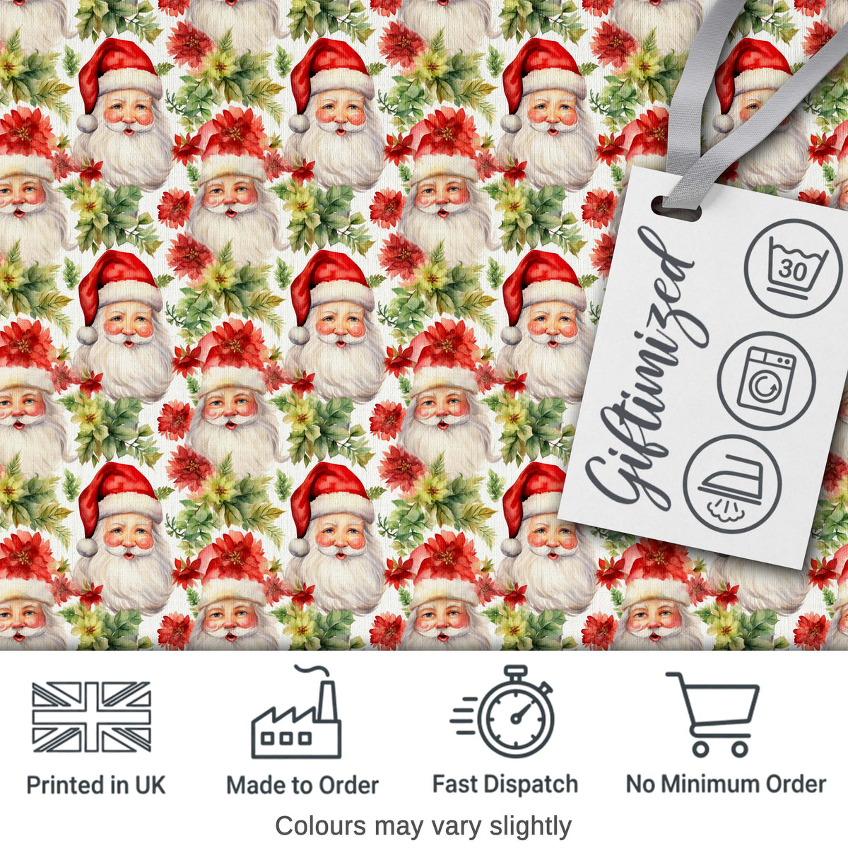 Watercolor Santa Faces Poinsettia Flowers Christmas   Soft Festive Digital Print Fabric by the Metre UK Sewing Quilting Textile