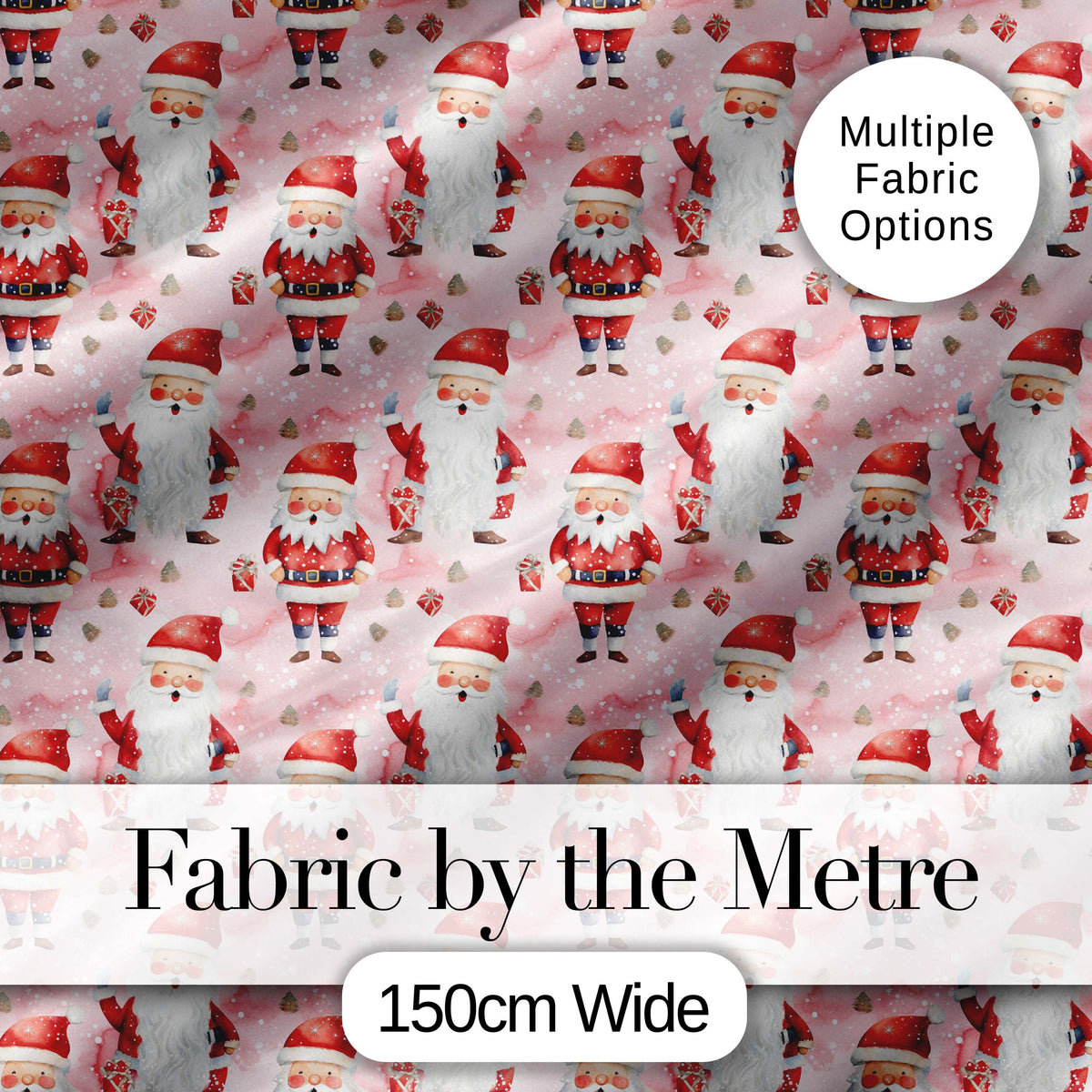 Cute Cartoon Santa Pink Snow Gift Pattern Whimsical Christmas Seamless Festive Digital Print Fabric by the Metre UK Sewing Quilting Textile
