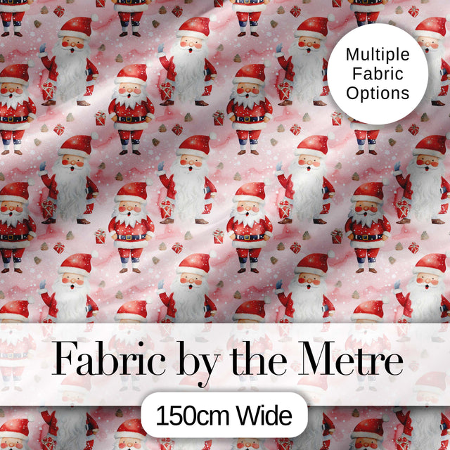 Cute Cartoon Santa Pink Snow Gift Pattern Whimsical Christmas Seamless Festive Digital Print Fabric by the Metre UK Sewing Quilting Textile
