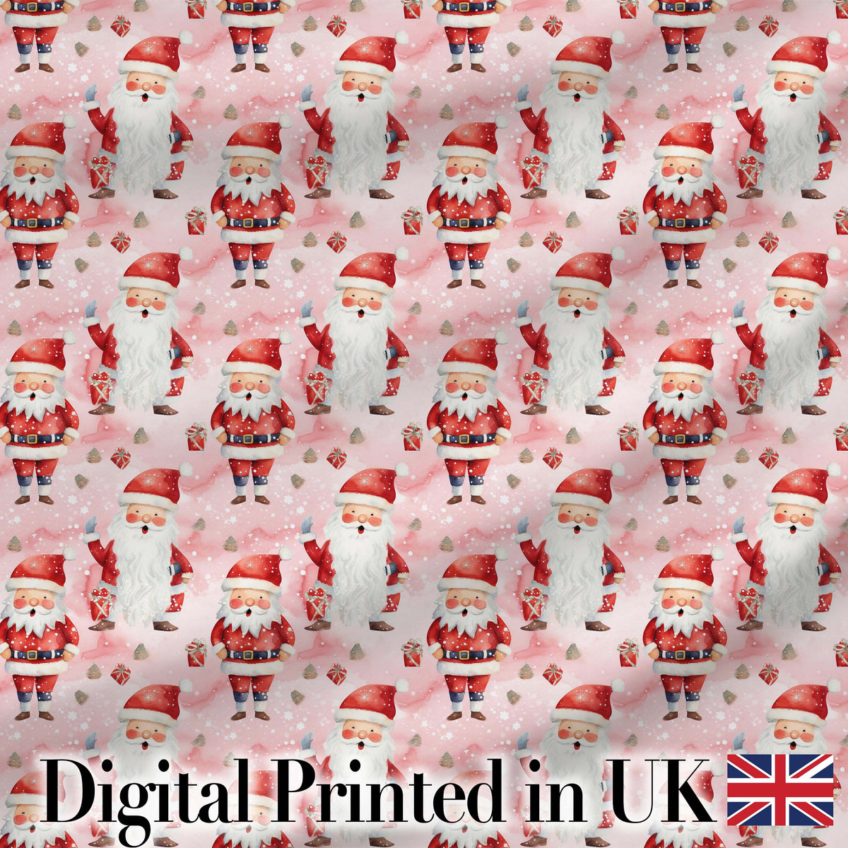Cute Cartoon Santa Pink Snow Gift Pattern Whimsical Christmas Seamless Festive Digital Print Fabric by the Metre UK Sewing Quilting Textile