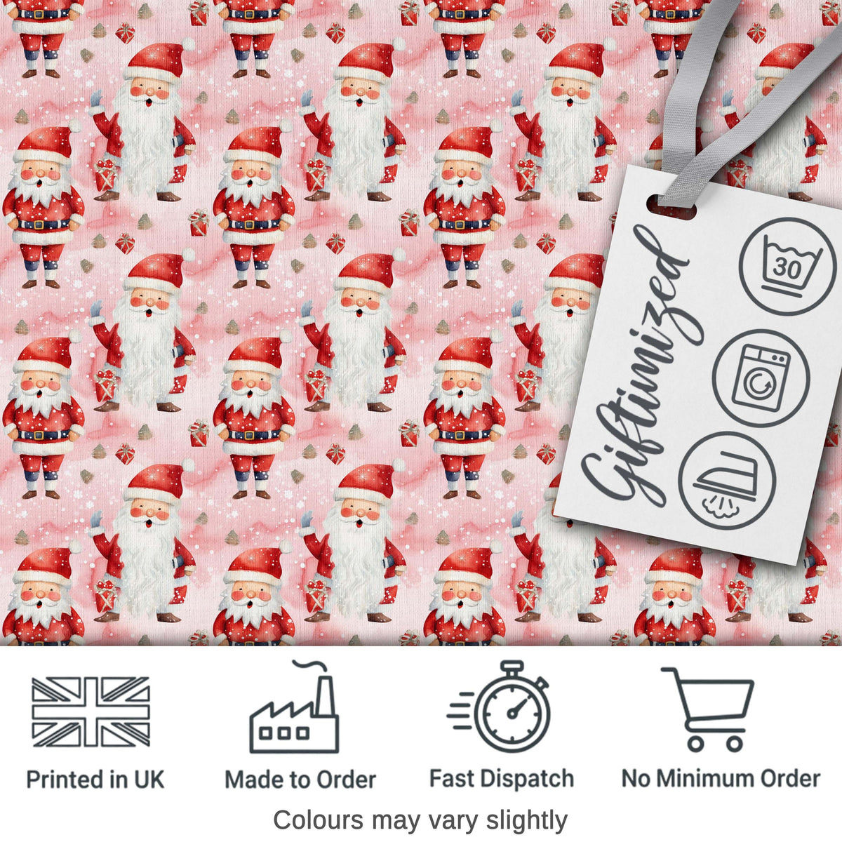 Cute Cartoon Santa Pink Snow Gift Pattern Whimsical Christmas Seamless Festive Digital Print Fabric by the Metre UK Sewing Quilting Textile