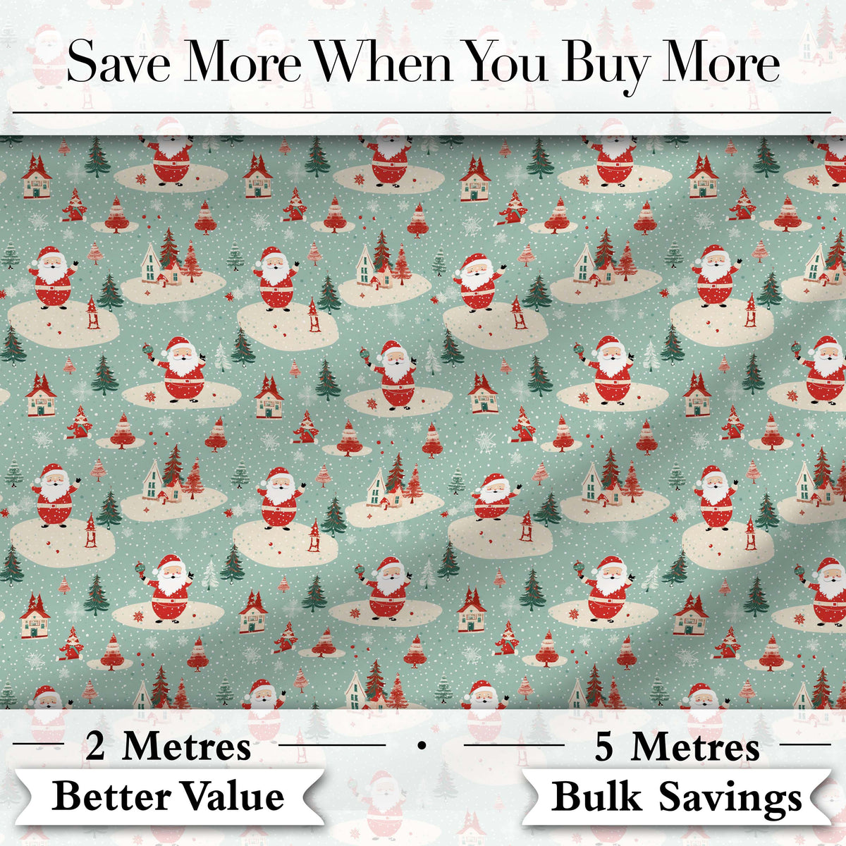 Santa Village Trees Houses Snowy Landscape  Christmas  Festive Scene Digital Print Fabric by the Metre UK Sewing Quilting Textile