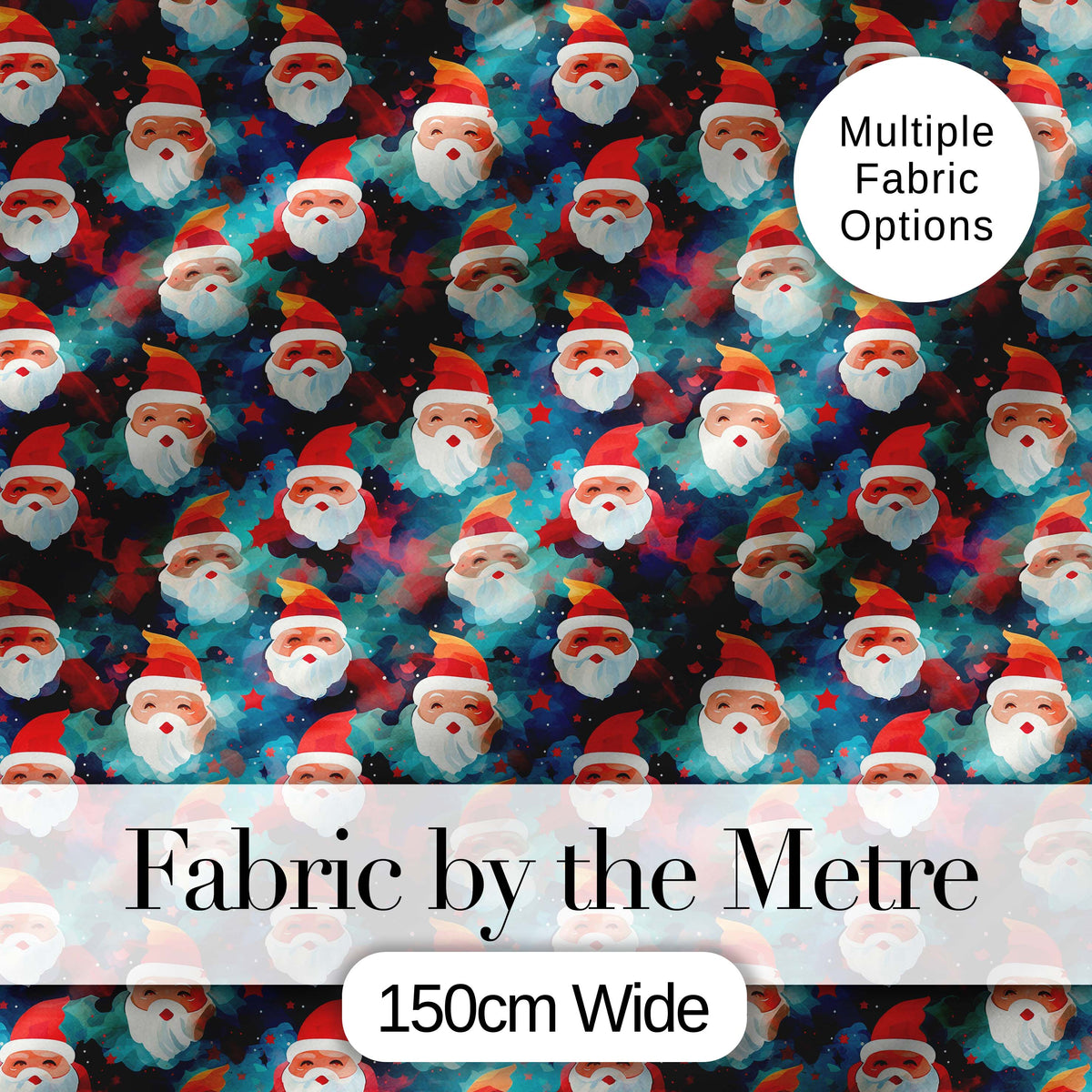 Colorful Abstract Santa Faces Blue Background Artistic Christmas   Digital Print Fabric by the Metre UK Sewing Quilting Textile