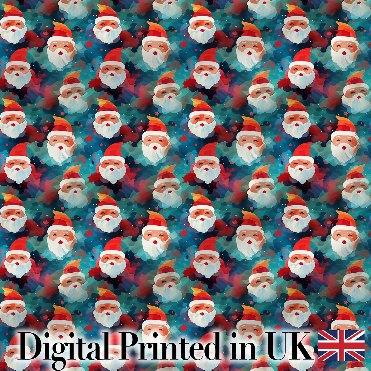 Colorful Abstract Santa Faces Blue Background Artistic Christmas   Digital Print Fabric by the Metre UK Sewing Quilting Textile