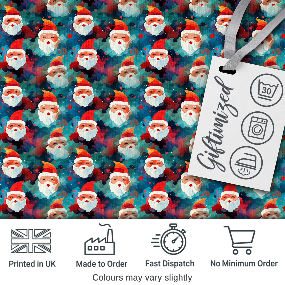 Colorful Abstract Santa Faces Blue Background Artistic Christmas   Digital Print Fabric by the Metre UK Sewing Quilting Textile