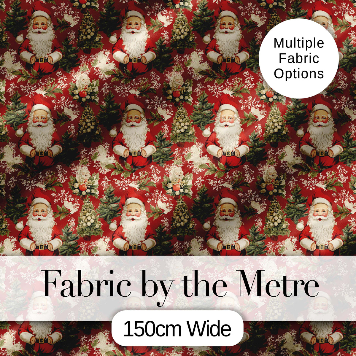 Traditional Santa Holly Tree Red Christmas   Festive Vintage Style Digital Print Fabric by the Metre UK Sewing Quilting Textile