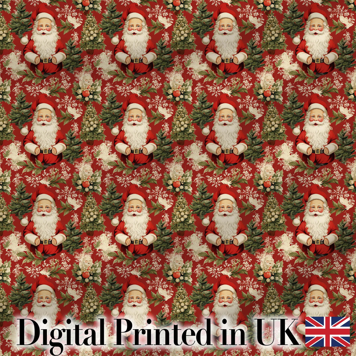 Traditional Santa Holly Tree Red Christmas   Festive Vintage Style Digital Print Fabric by the Metre UK Sewing Quilting Textile
