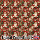 Traditional Santa Holly Tree Red Christmas   Festive Vintage Style Digital Print Fabric by the Metre UK Sewing Quilting Textile