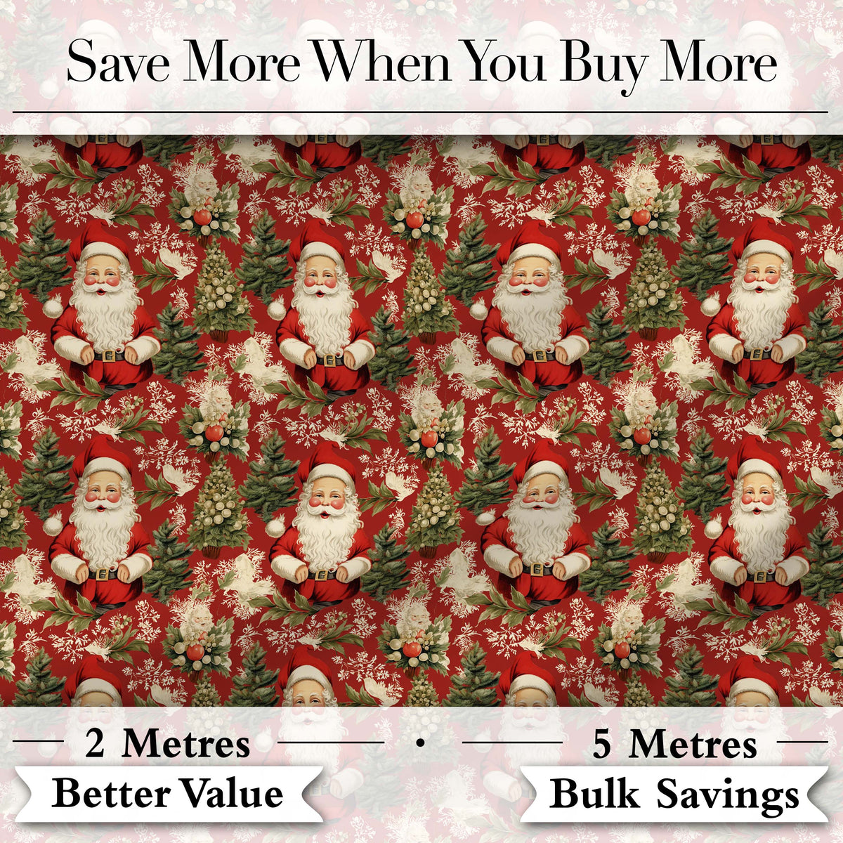 Traditional Santa Holly Tree Red Christmas   Festive Vintage Style Digital Print Fabric by the Metre UK Sewing Quilting Textile