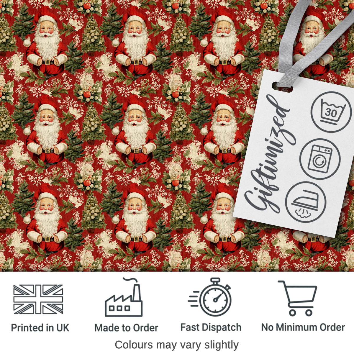 Traditional Santa Holly Tree Red Christmas   Festive Vintage Style Digital Print Fabric by the Metre UK Sewing Quilting Textile
