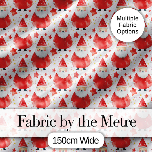 Watercolor Santa Stars White Background Cute Christmas   Soft Festive Digital Print Fabric by the Metre UK Sewing Quilting Textile