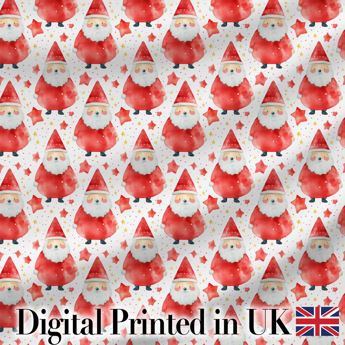 Watercolor Santa Stars White Background Cute Christmas   Soft Festive Digital Print Fabric by the Metre UK Sewing Quilting Textile