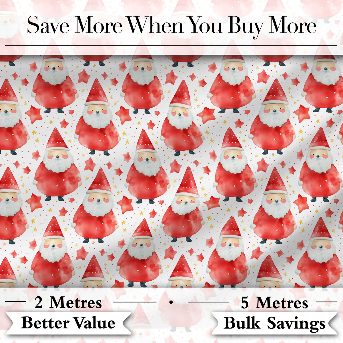 Watercolor Santa Stars White Background Cute Christmas   Soft Festive Digital Print Fabric by the Metre UK Sewing Quilting Textile