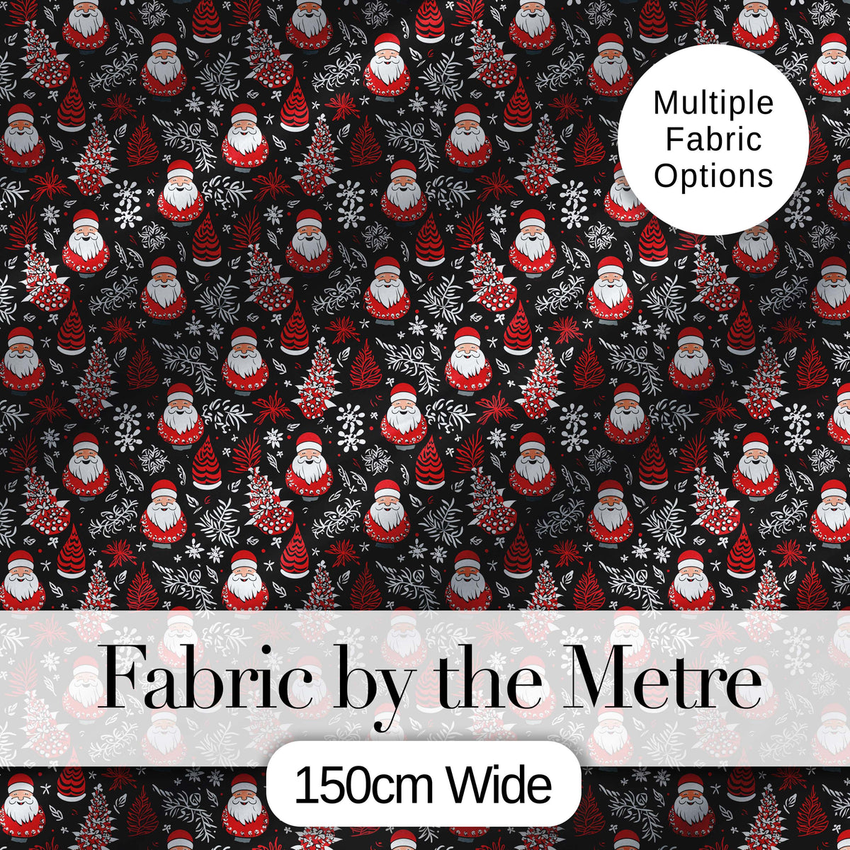 Festive Santa Folk  Black Background Red White Winter Christmas  Digital Print Fabric by the Metre UK Sewing Quilting Textile