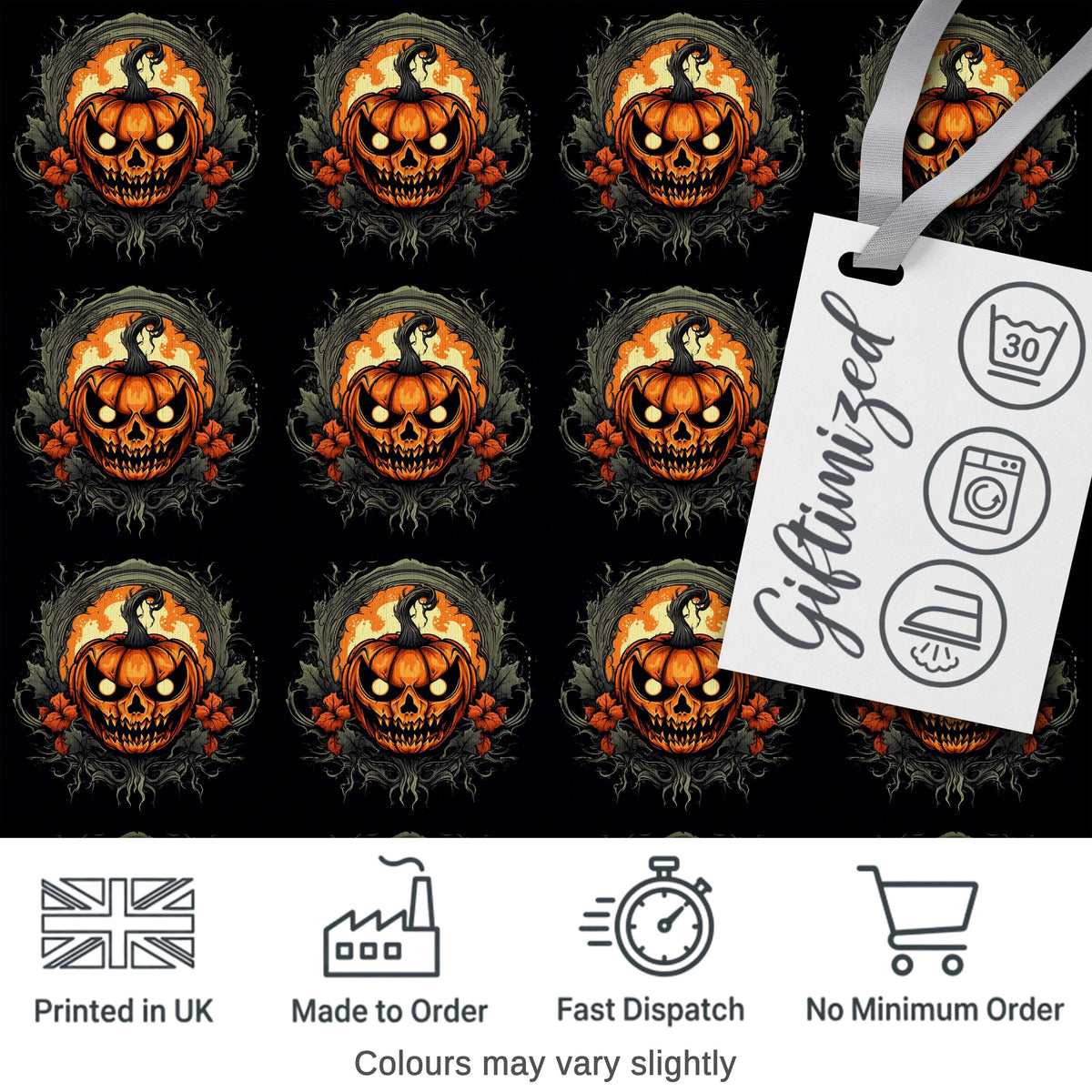 Haunted Pumpkin Skull Floral Dark Background Halloween Seamless Pattern Digital Print Fabric by the Metre UK Sewing Quilting Textile